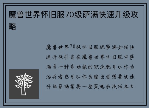 魔兽世界怀旧服70级萨满快速升级攻略